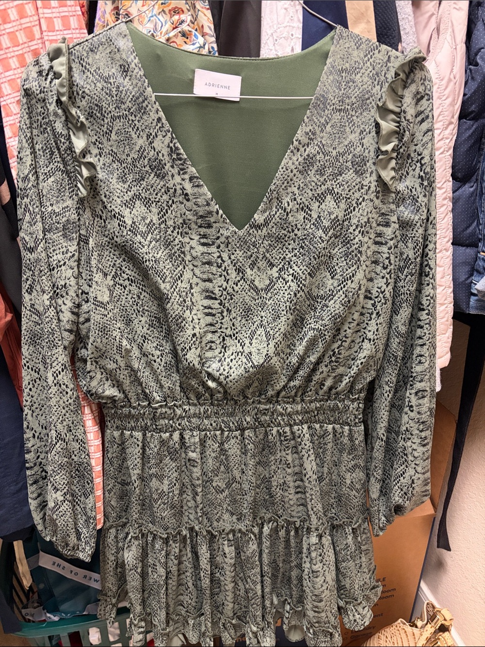 Adrienne Olive Snake-Print Long Sleeve Tiered Dress